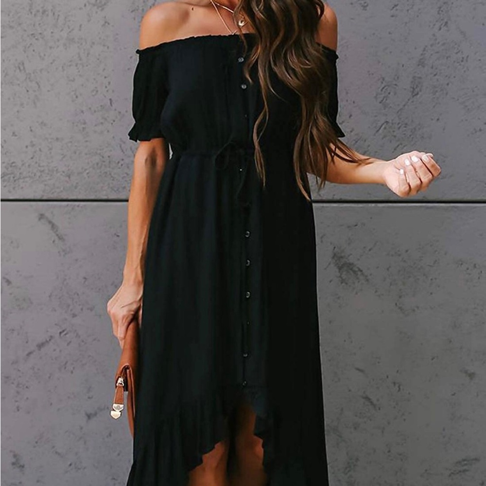 Off shoulder, black, high/low dress.